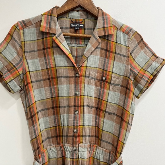 Toad & Co CAMP COVE ROMPER in plaid pale slate color organic cotton small - Picture 5 of 11